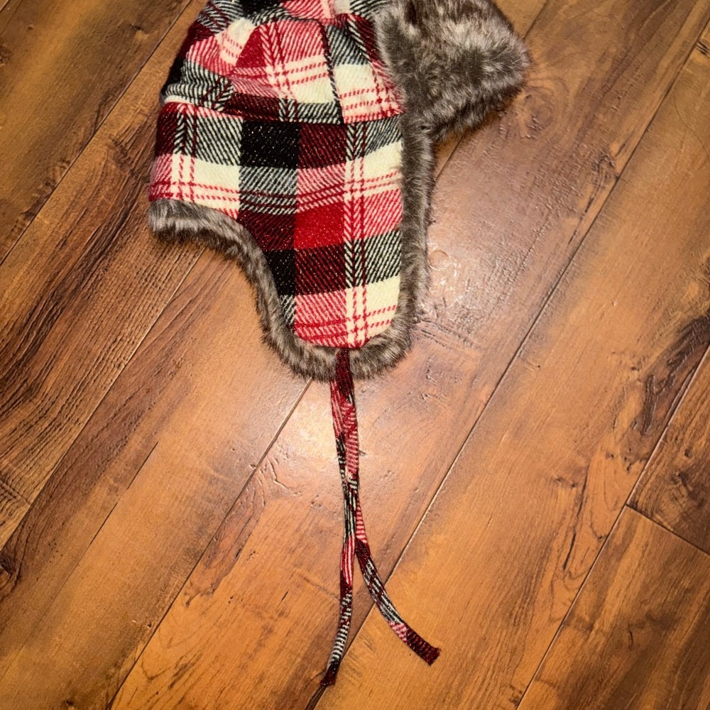 Red & Black Plaid Trapper Hat w/ Faux Fur Lining — Y2K Alt Winter L/XL Unisex